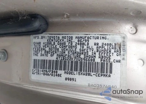 1999 Toyota Camry Le из США, поврежденный, VIN 4T1BG22K7XU596608